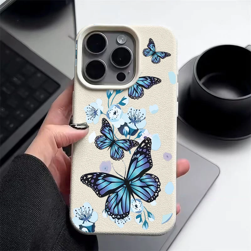 Blaue Schmetterlinge TPU Handyhülle für iPhone 16 15 Pro Max 16e 14 13 12 Pro Max 11, stoßfeste weiche Silikon-Leder-Textur-Abdeckung
