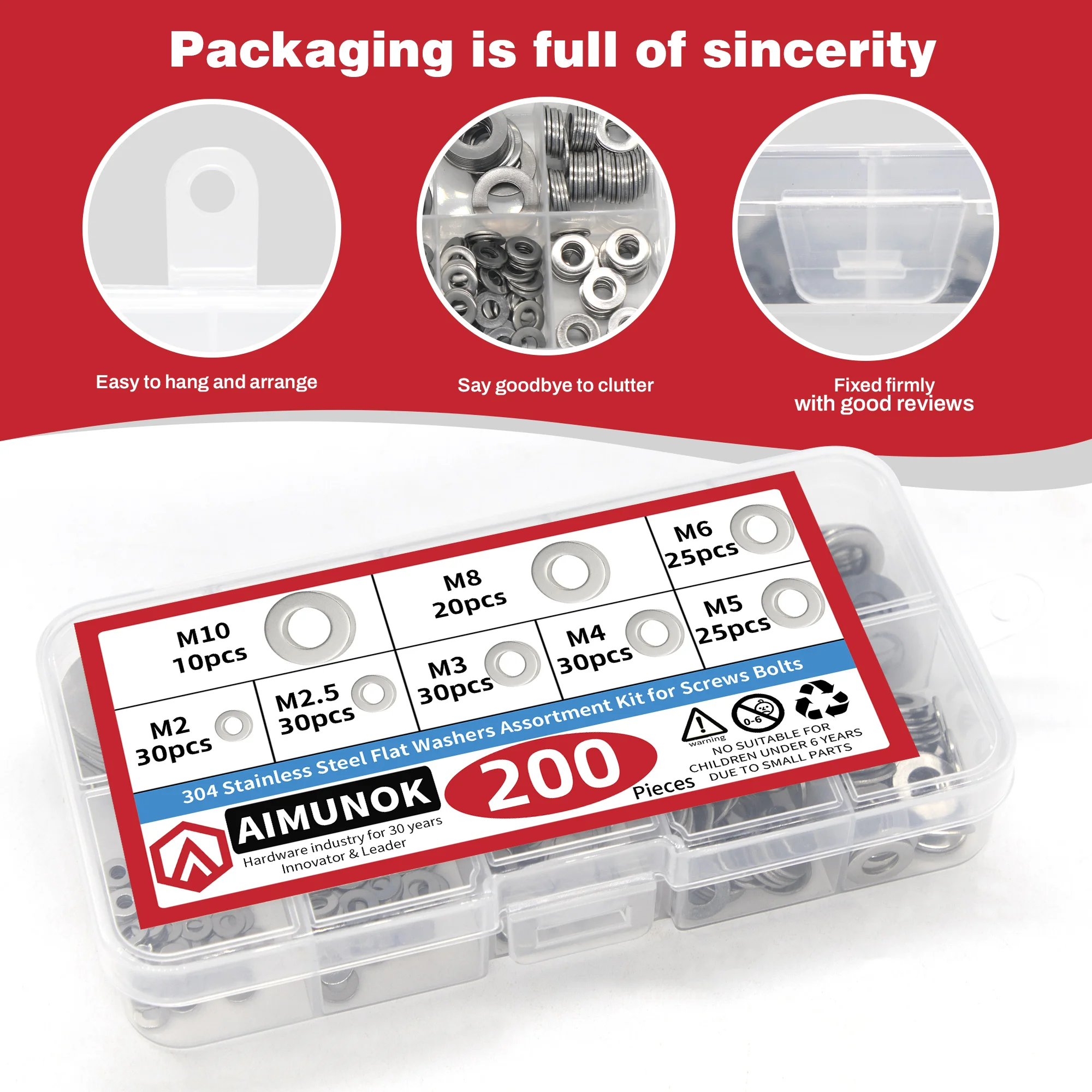 AIMUNOK 200PCS 304 SS Flat Washers Assortment - M2-M10 Multi-Size for Fasteners, Rust-Resistant Repair Kit with Storage Box