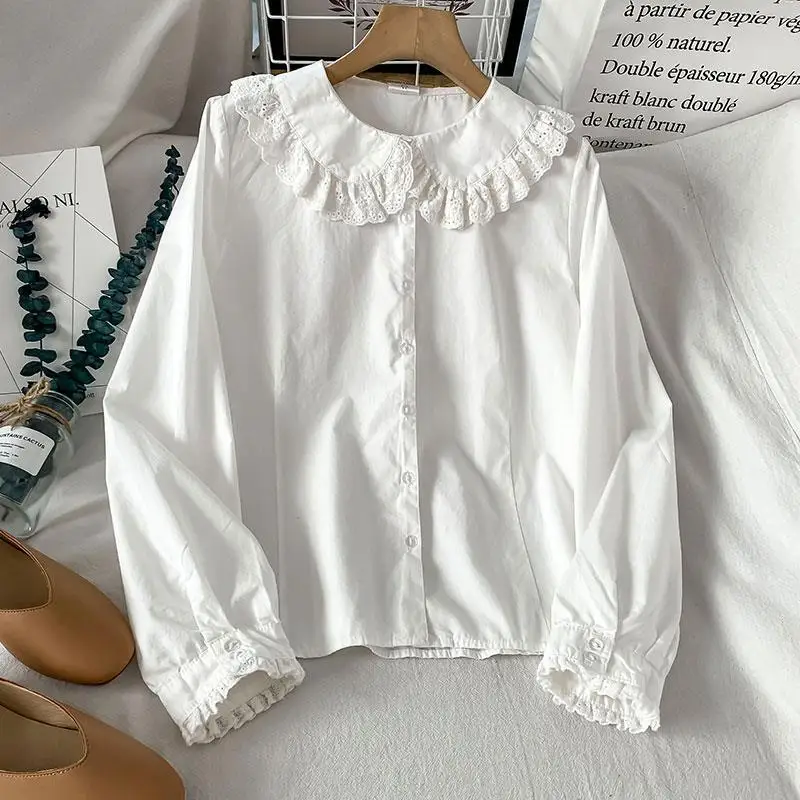 Kawaii Peter Pan Collar Chic Vintage Embroidery Lace Long Sleeve White Shirt for Women New Spring Autumn Casual Loose Blouse Top