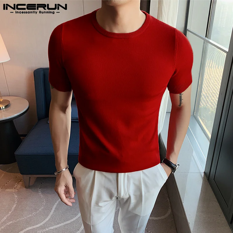 2024 Men\'s T Shirt Round Neck Short Sleeve Summer Korean Basic Tee Tops Solid Color Streetwear Casual Men Clothing S-5XL INCERUN