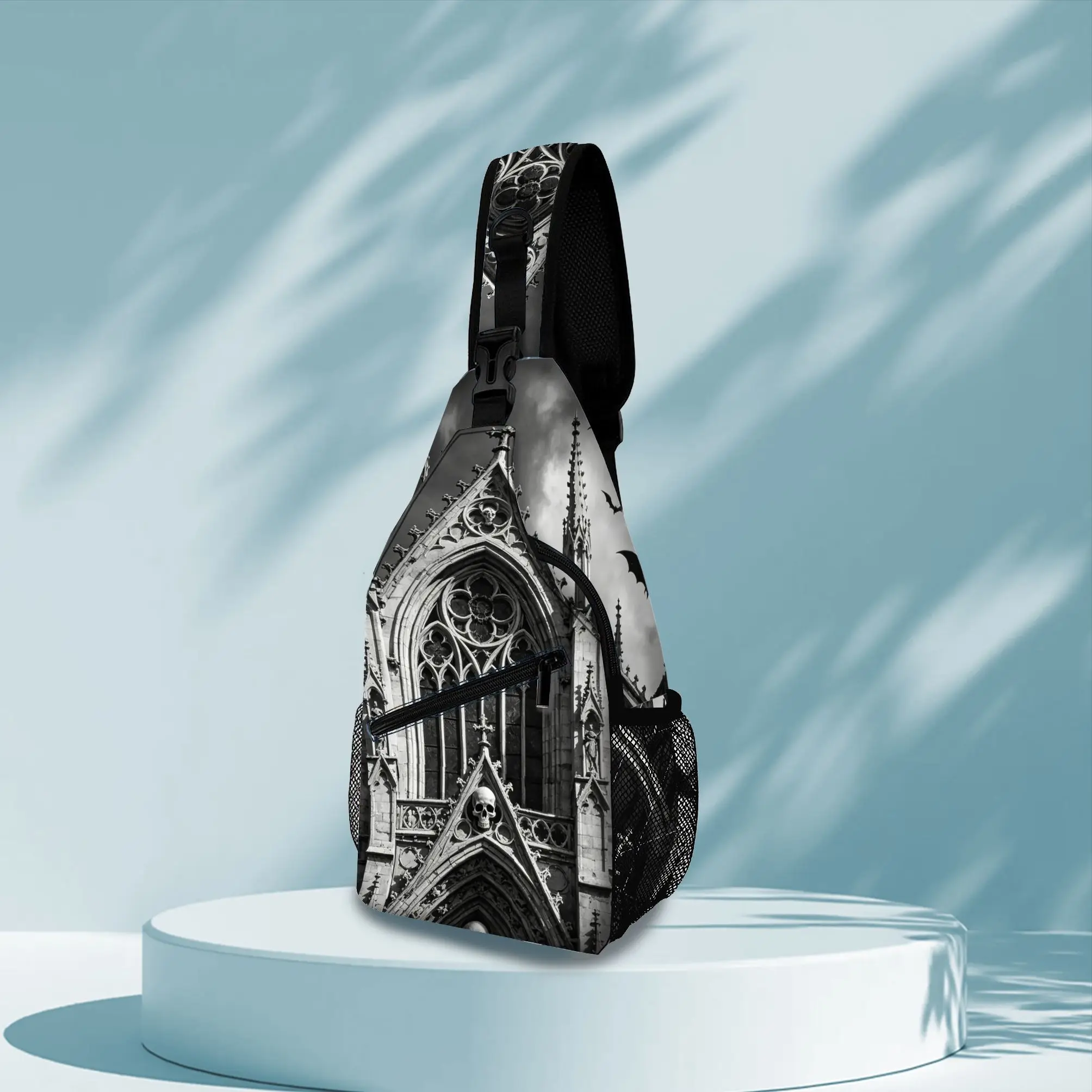 1pc Vintage Black White Gothic Cathedral Skull Print Sling Chest Bag, Adjustable Strap Crossbody Backpack for Punk Goth Streetwe view 3