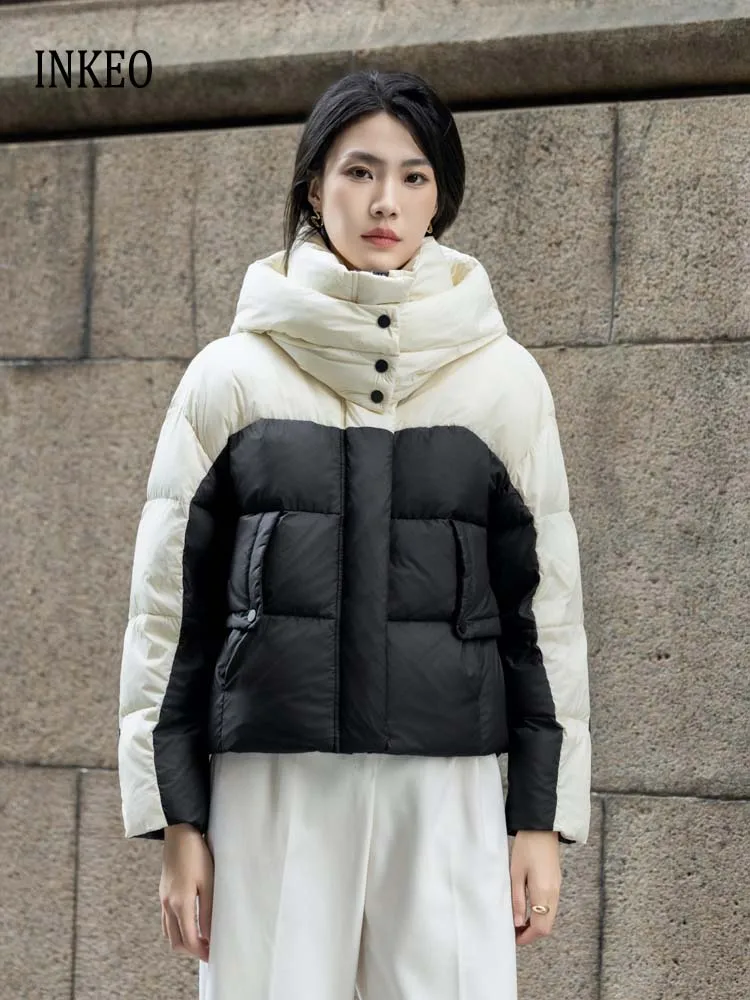

Модный пуховик контрастного цвета с капюшоном, женский зимний теплый свободный короткий пуховик 2025 года, высокое качество INKEO DJ520