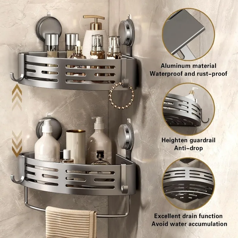 

Shower Caddy Suction Cup Shower Shelf Corner No Drilling Bathroom Shower Organizer Storage Rack Adhesive with Towel Bar Hooks