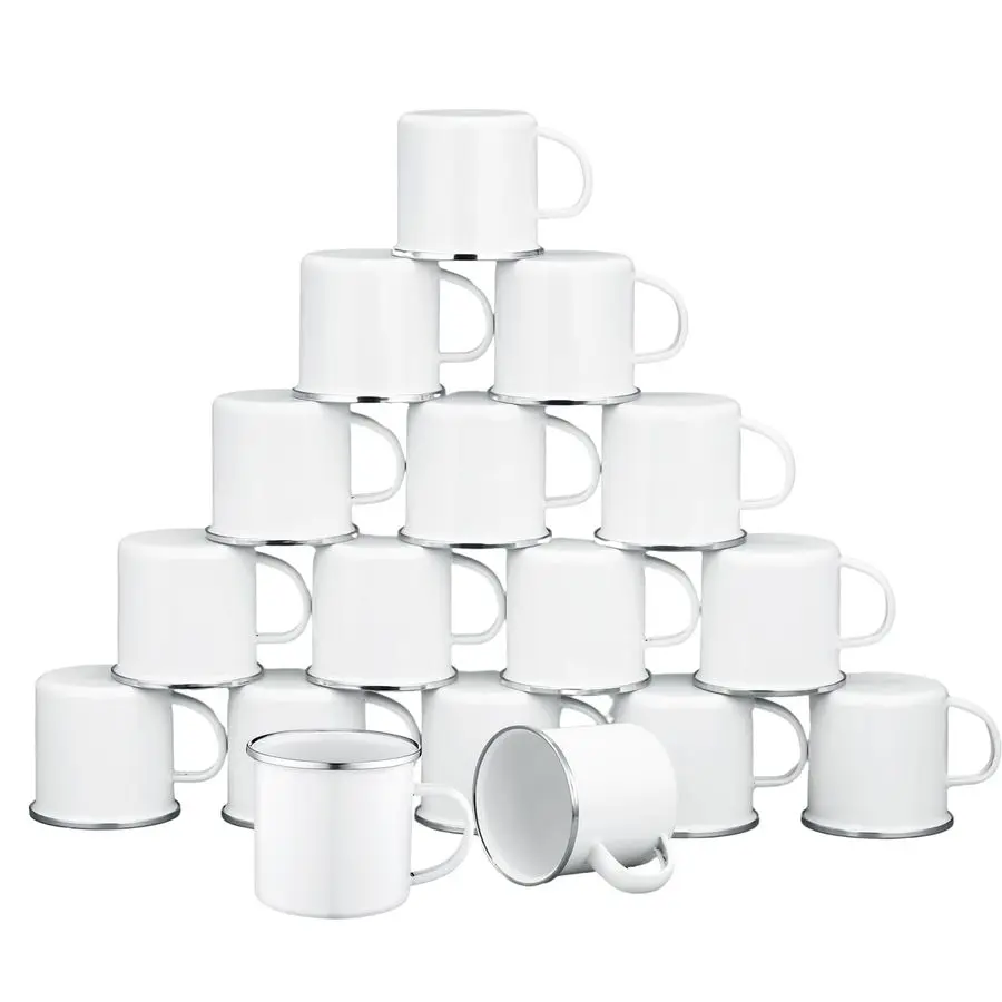 

24 Pcs Enamel Mug White Camping Coffee Mug with Handle Silver Rim Portable Drinking Cup Metal Round Camp Enamel Cup for Tea and