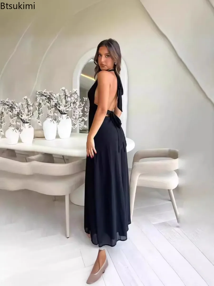 Neck-mounted Long Dress for Women 2024 Sexy Streetwear Sleeveless Bandage High Slit Backless Maxi Dress Ladies Banquet Chic Gown