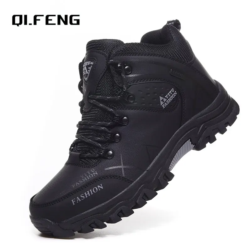 Winter Warm Cotton Shoes Men Outdoor Leather Black Casual Shoes Fur Sneakers High Top Rubber Ankle Boots Male Hiking Trekking 46