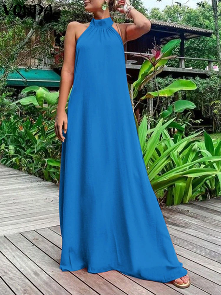 

VONDA Plus Size Women Sexy Halter Maxi Dress 2025 Summer Solid Sleeveless Elegant Party Sundress Bohemian Beach Long Vestidos