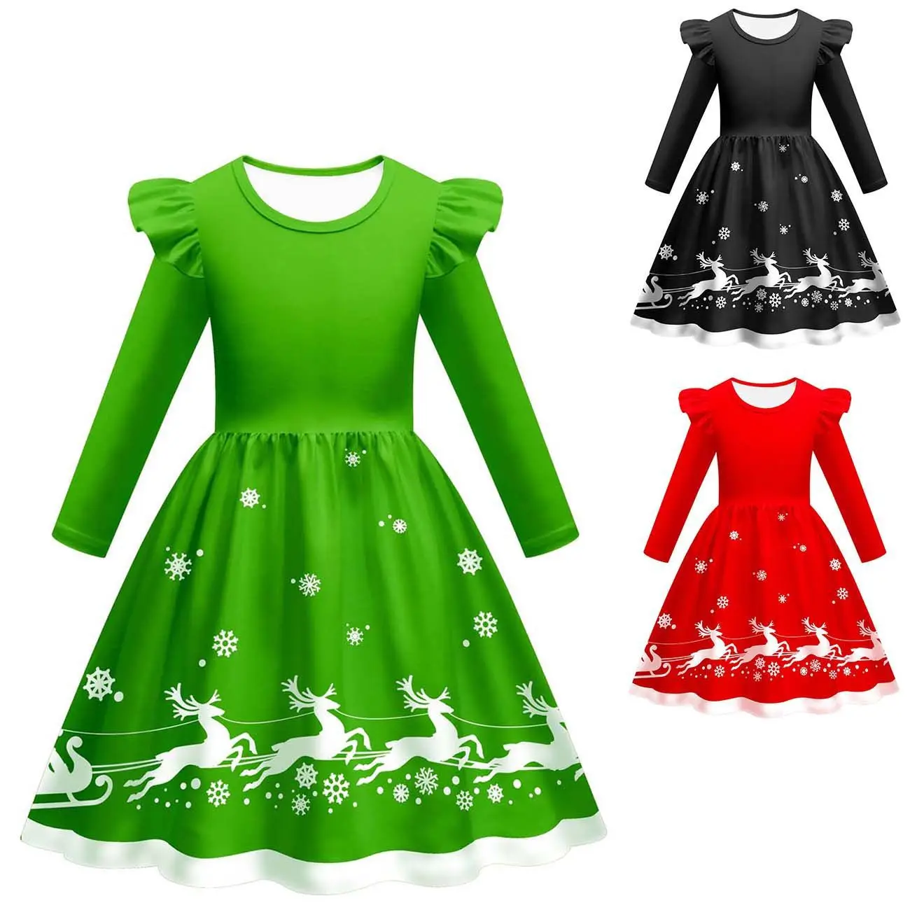 Winter Christmas Red Green Full Sleeve Dress Girls Reindeer Printed Christmas Clothing Kids Girls Solid Dresses Cute Cartoon