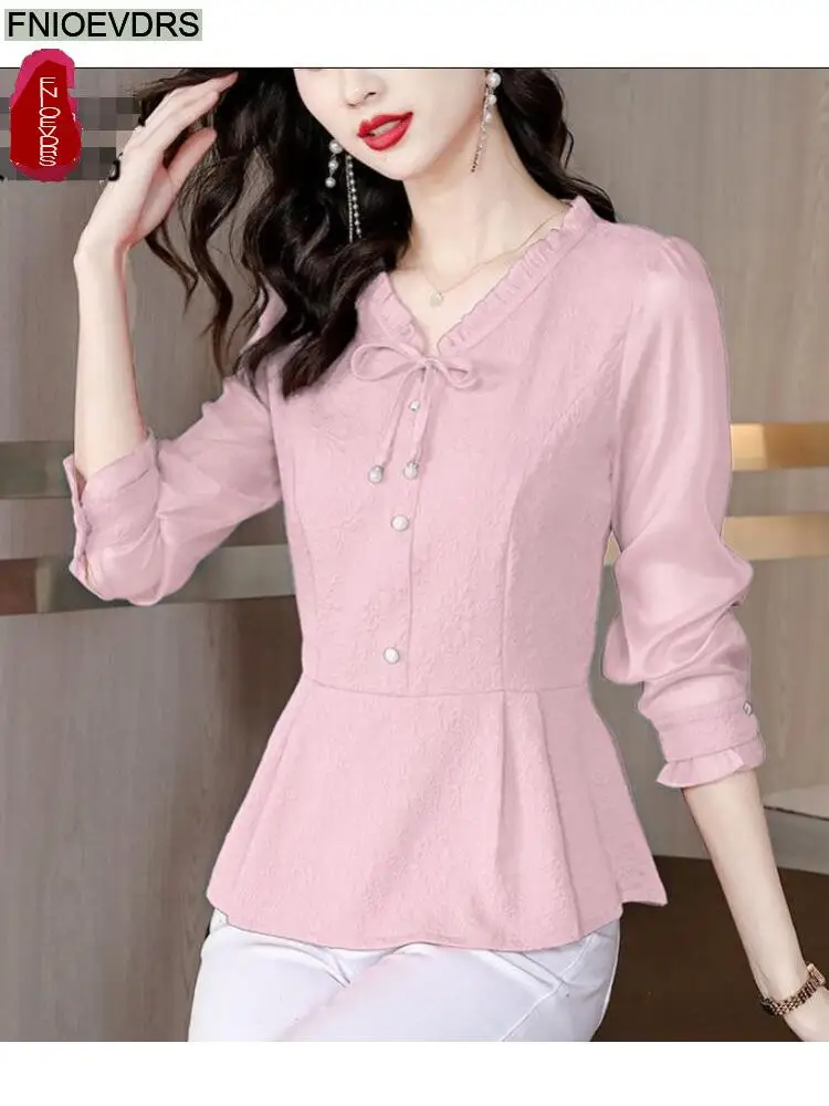 Women 2022 Autumn Spring Retro Vintage Elegant Office Lady Shirts Casual Work Ribbon Pink Peplum Tops Blouses