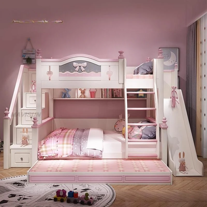 

Lovely Girls Like High And Low Princess Bed In Pink Multi-Piece Furniture Bedroom Kid Household Solid Wood Children's Bunk Bed