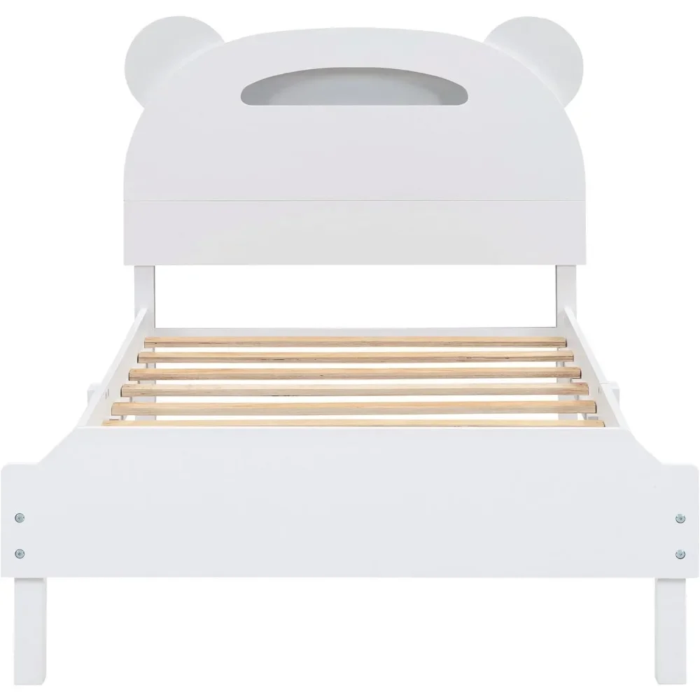 Bed frame, double children's bed with LED lights, no need for spring box, bear shaped wooden children's bed frame