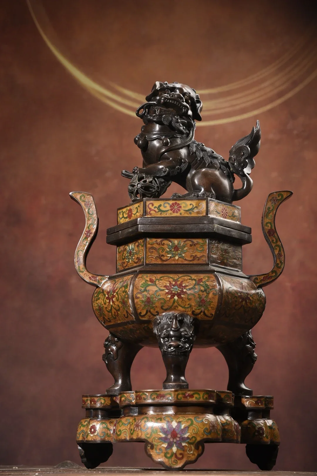 

23"Tibetan Temple Collection Old Bronze Cloisonne Enamel Lion Statue Floral Texture Three-legged incense burner Base Town house