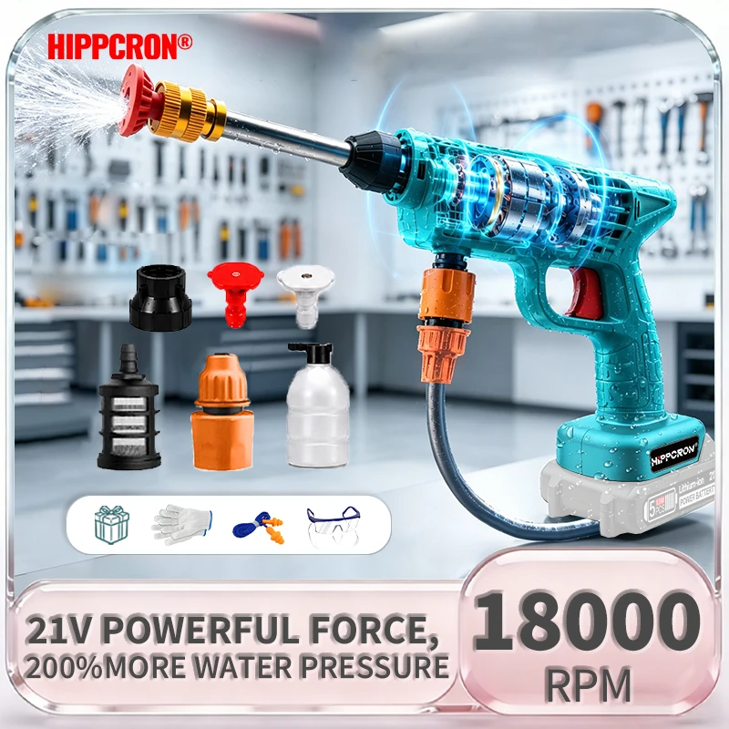 

HIPPCRON 6 in 1 High Pressure Electric Car Washer Water Gun 18000RPM Brushless Portable 18-21V Tool For Makita 18V(No Battery)