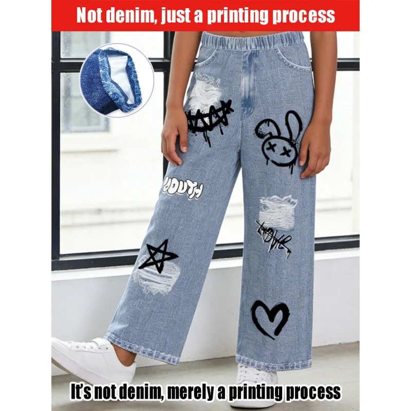 2026Children's Ripped Black Graffiti Smiley Light Blue Faux Jeans