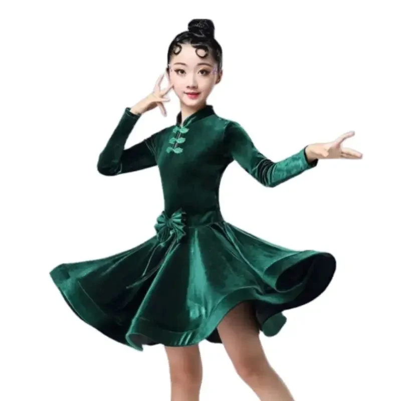 1 Uds./estilo chino niños Otoño Invierno vestido de baile latino de manga larga vestido de baile de salón de pana para niña