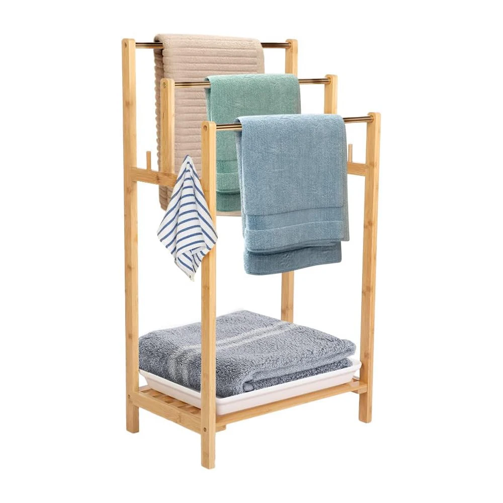 

Vintage Freestanding Bamboo Towel Holder Blanket Ladders & Rack 3 Tier Wooden Swimming Pool, Bathroom Towel Stand Rack