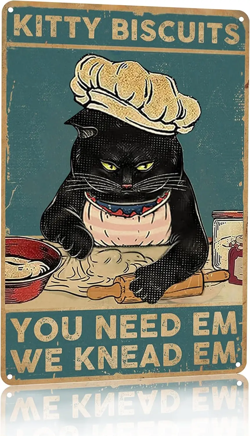 Funny Black Cat Kitty Biscuits We Knead Em Tin Sign Vintage Wall Decor Sign for Home Kicthen Bakery 8x12 Inch (3089)