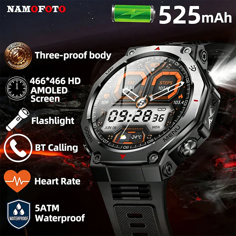 

Men Women Outdoor Sports Smart Watch Military-grade Anti-fall UV Light Strong Flashlight 525mAh BT Call Heart Rate Smartwatch