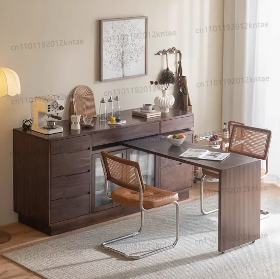 Solid Black Walnut Sideboard with Dining Table Integrated Bar Cabinet and Low Cabinet Extendable, Foldable, Rotatable Dining Tab