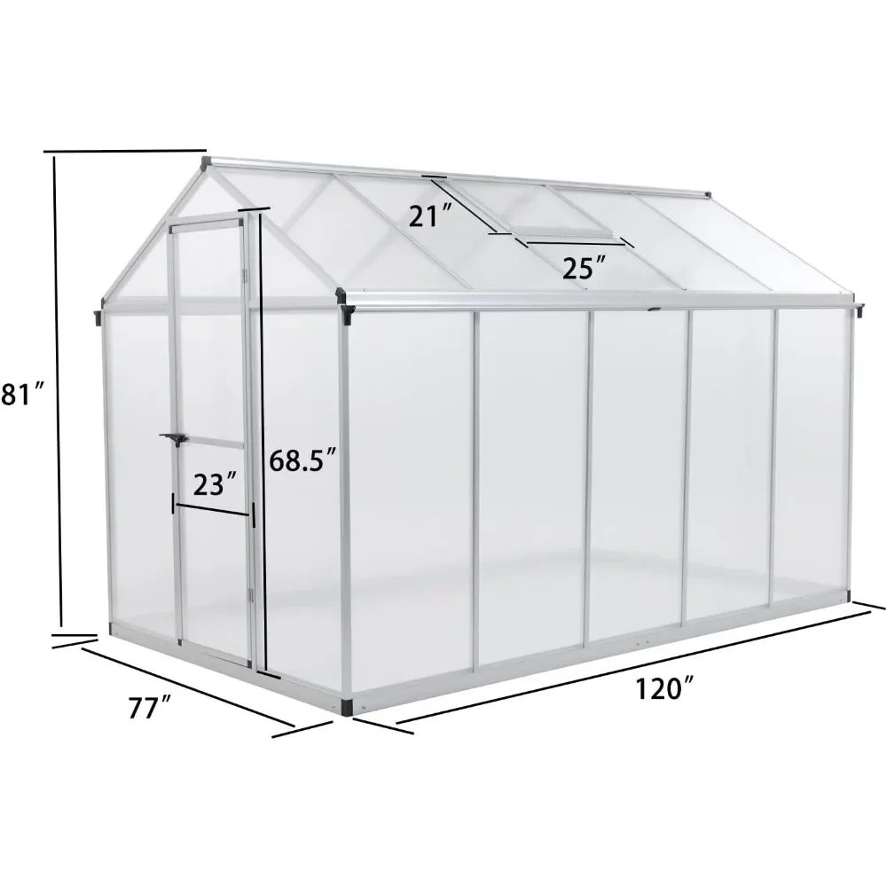 6' X 10' Walk-in Polycarbonate Greenhouse with Heavy-Duty Aluminum Frame, 2 Vent Windows & Lockable Door, Greenhouse