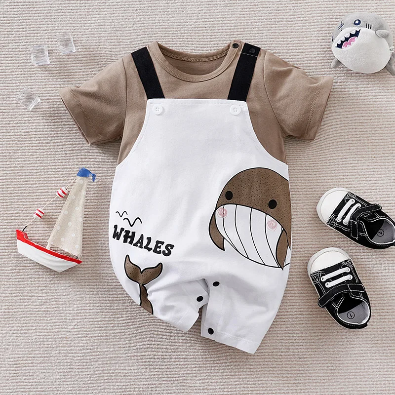 Newborn Boy And Girl Jumpsuit Cute Cartoon Animal Whale Casual Fake Shoulder Strap Coffee Colored Summer Short Sleeved Jumpsuit