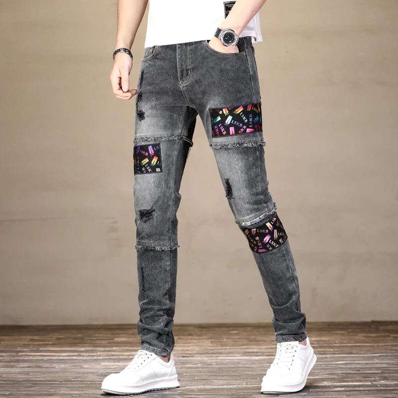 Мужские рваные джинсы с цветовой строчкой, облегающие прямые Стрейчевые мотоциклетные брюки в стиле high street