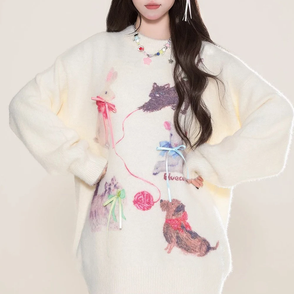 Bow mohair puppy cat knitted sweater women's autumn mink fleece soft waxy top women's  sueter mujer korean fashion