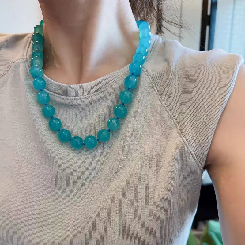 12mm Natural Tianhe Stone Necklace Large Particles Retro Sky Blue Simple for Women