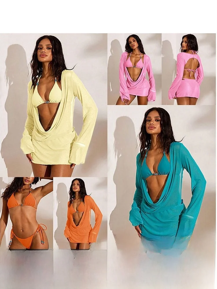 

Однотонный сетчатый купальник-бикини с завязками на шее и открытой спиной, комплект из трех предметов, повседневный костюм для серфинга с подкладкой на груди, без стальных вставок.