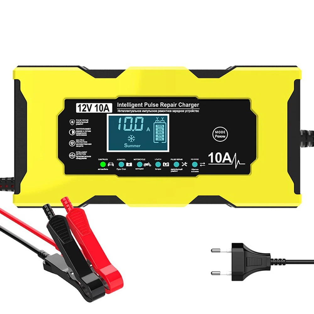 12V 10A Car Battery Charger with Intelligent Current Adjustment for Charging and Battery Protection for Cars Moto Yellow