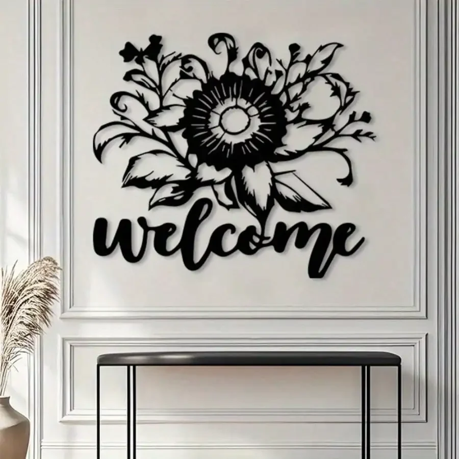 CIFBUY Iron Wall Art Vintage Floral Welcome Elegant Script Waterproof Metal Sculpture For Entryway Living Room Decor Gift