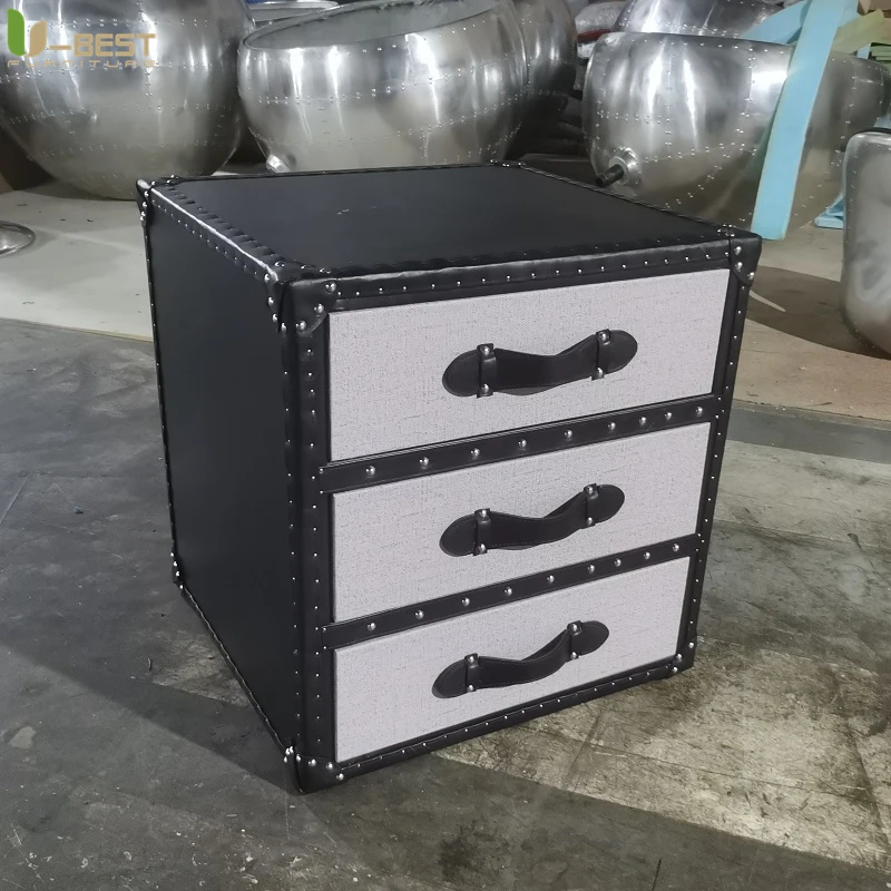 U-best Retro Loft Style Nightstand Industrial Aluminum 3-Drawer Aviator Trunk Vintage Bedside Cabinet Cigar Lounge Furniture