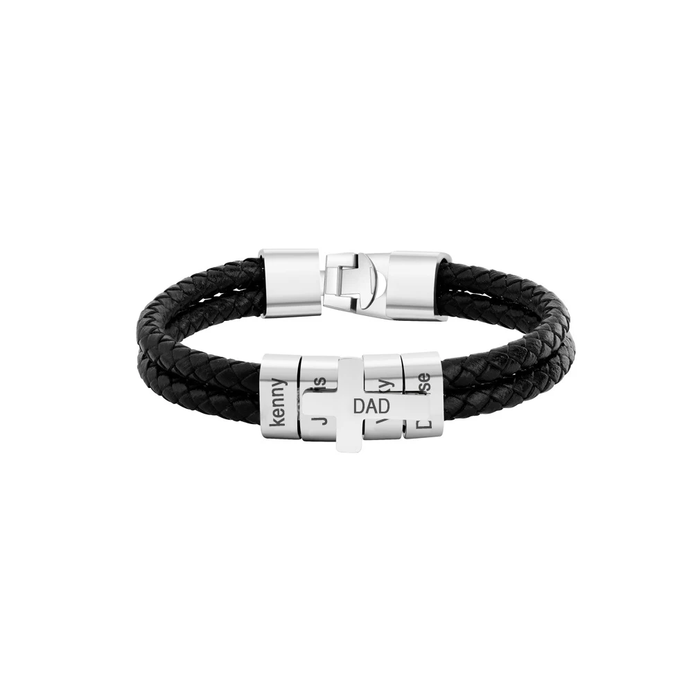 

Custom Name Cross Leather Bracelet Personalized Multi Name Engraved Bracelet Jewelry Religious Themed Men's Bracelets Christmas