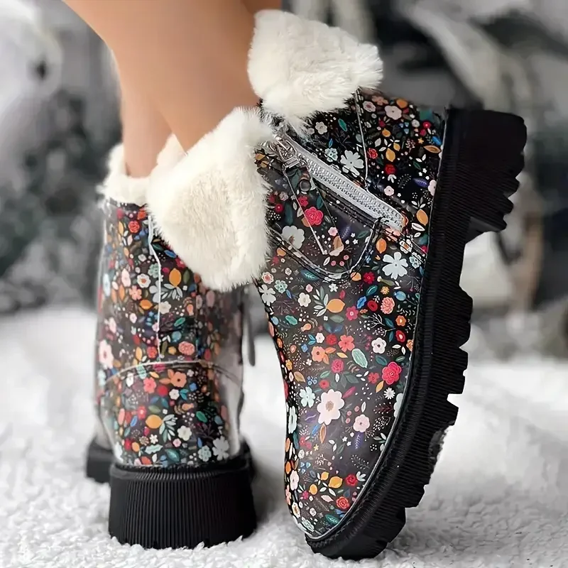 Botas de mujer con estampado Floral, zapatos mullidos con cremallera lateral de invierno para mujer, zapatos de terciopelo para nieve, botines cálidos de algodón, nuevo Bottine Femme