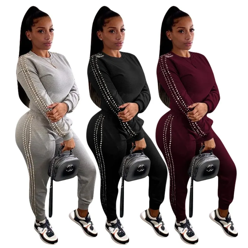 

Side Pealrs Solid Two Piece Set Women Tracksuits O-Neck Long Sleeve Sweatshirts Top Pencil Pants Casual Jogger Suits Streetwear