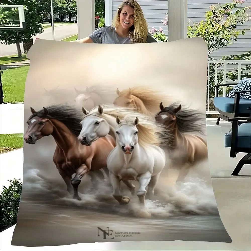 Ethereal Galloping Horses Blanket - Dreamy Water-Infused Environment Design with Five Majestic Horses, Featuring a White Horse w