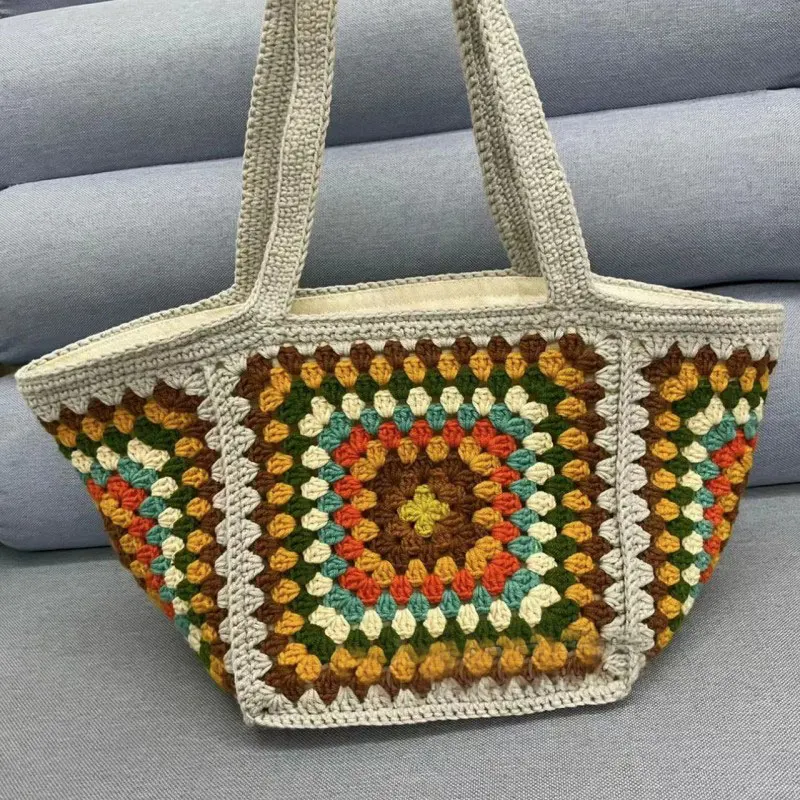 Borsa a tracolla con motivo a griglia per nonna intrecciata a mano per borsa della spesa casual da donna, semplice e alla moda