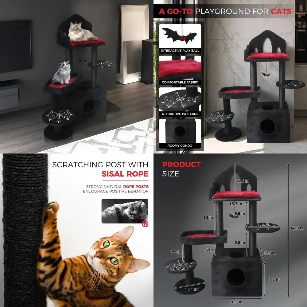 

44.5 Elegant Black Cat Tree with Throne, Coffin, Bat Swing, and Sisal Post