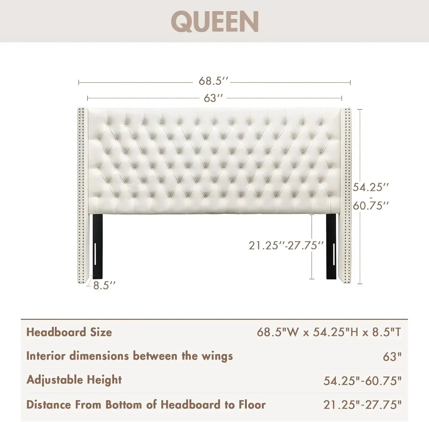 Amelia Headboard Queen Wingback Upholstered - Hand-Tufted Button Detail, Double Nailhead Trim, Foam-Padded Durable Fabric, Adjus
