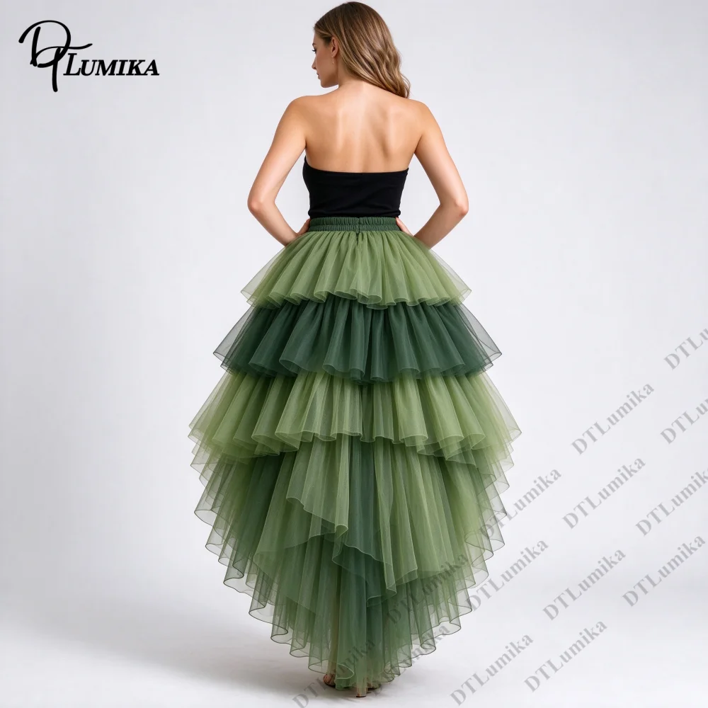 Women Ombre Green Tiered Tulle Skirt Elastic Waist High Low Asymmetrical Tutu Skirt, Multi-Layer Ruffled Mesh Party Skirt