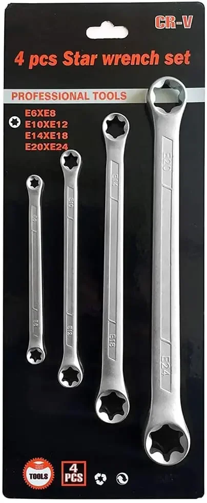 P1 Tools 4-Pcs Star Wrench Set E-Torx Box Wrench Set Tork E-Ring Spanner Set E6 E8 E10 E12 E14 E18 E20 E24