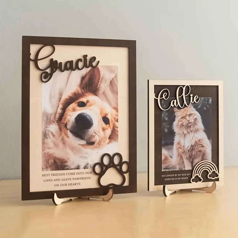 Customizable Personalized Wooden Pet Photo Frame with Name And Date - Vertical Desktop Display Dog Memorial Gift Featuring