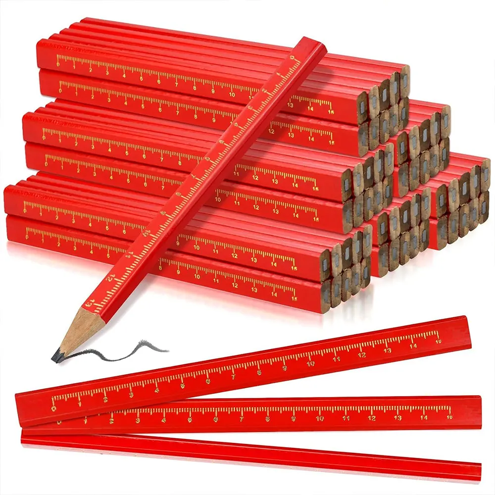 30/60pcs Carpenter Pencils with Ruler Scale, Red Flat Octagonal HB Black Lead Marking Pencils for Construction & Woodworking