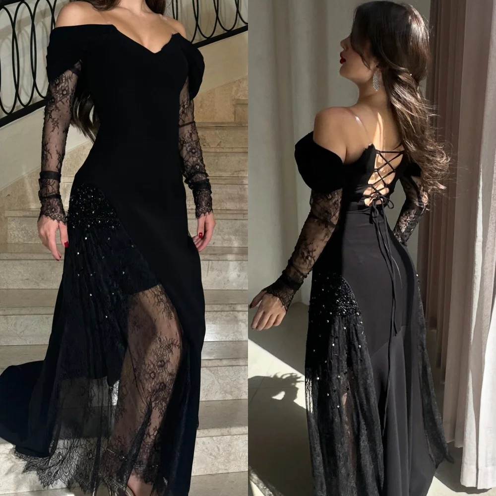 Personalizzato Retro Pastrol Jersey Pieghettato di pizzo Perline Paillettes A-line Abiti lunghi con spalle scoperte Abiti da cerimonia su misura Sexy