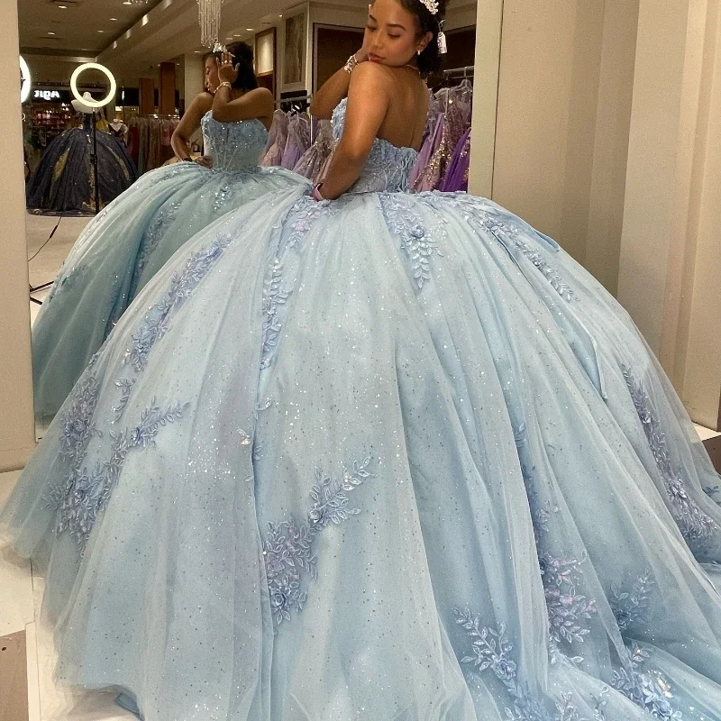 Angelsbridep Sky Blue Ball Gown Quinceanera Dresses 2025 With Appliques Glitter Tulle Prom Party Dress Woman Vestidos De Festa