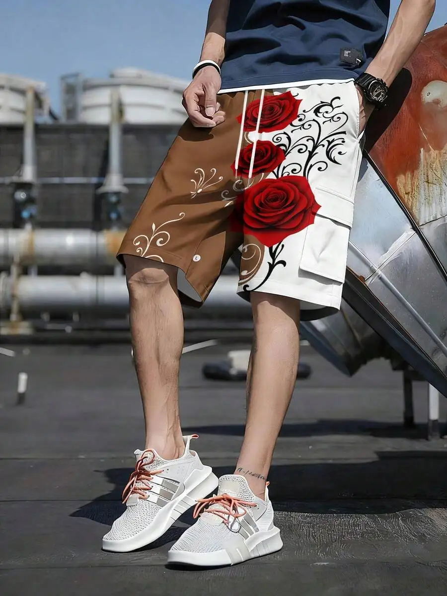 

Mens Casual 3D Printed Floral Cargo Shorts With Red Rose Pattern For Summer Outdoor