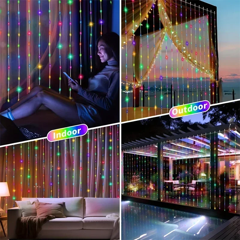 3X3M Solar Outdoor Curtain Lights with 8 Modes, Holiday Party Decorations, Fairy Lights, 100/200/300 LED String Lights 3X2M 3X1M