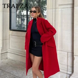 TRAFZA 2024 Autumn Winter Women Casual Long Coats Fashion Streetwear Solid Turn Down Collar Single Breasted Elegant Long Jackets