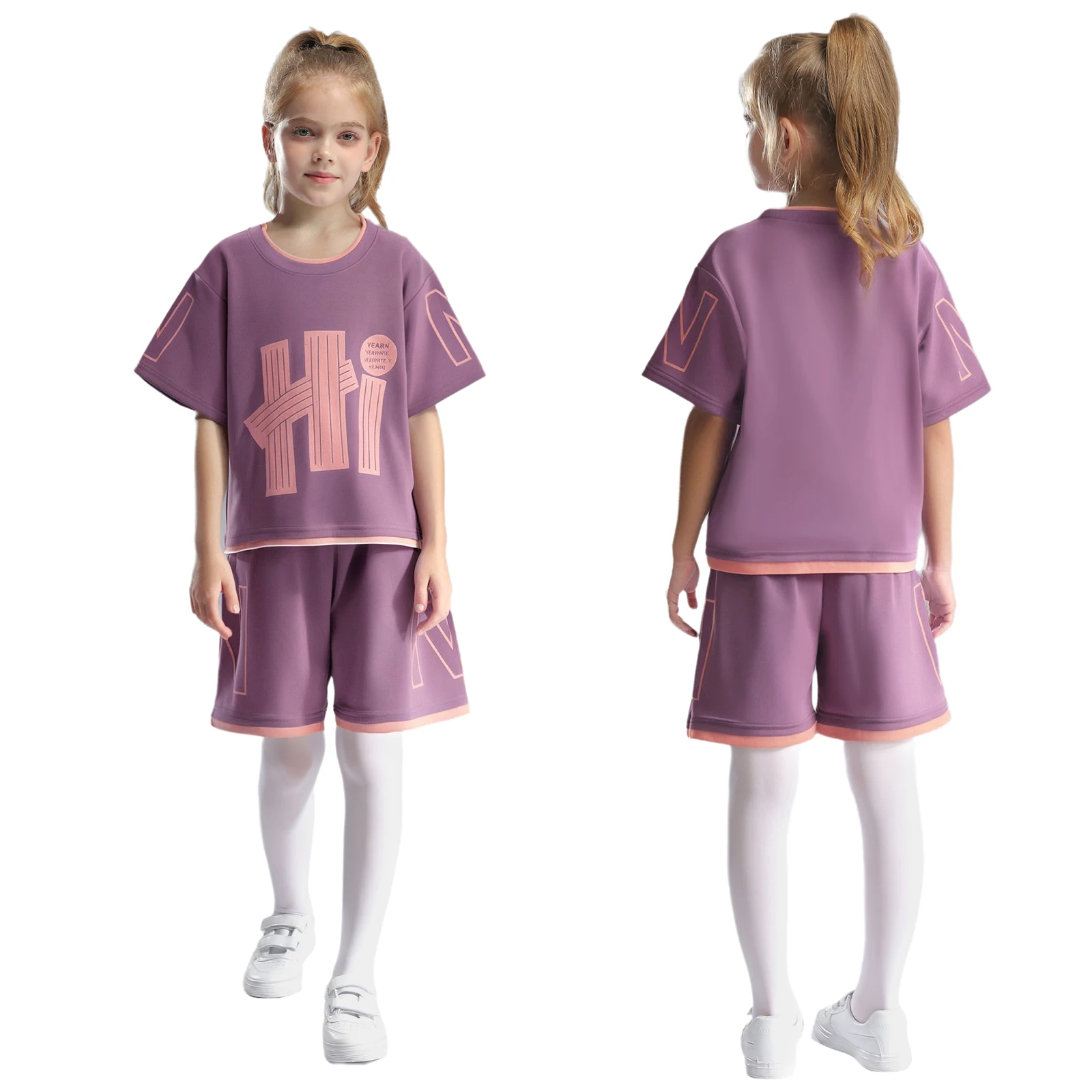 بدلة رياضية صيفية للفتيات مطبوعة بأحرف متباينة تي شيرت بأكمام قصيرة مع شورت قابل للتمدد بعقدة فيونكة لتشغيل ممارسة الركض