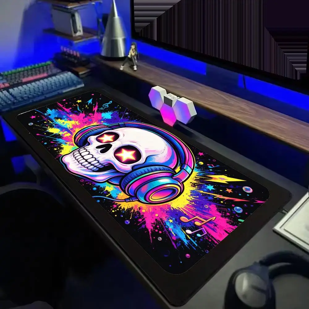 Extended Gaming Mouse Pad Vibrant Splash Art Skull Headphone Print Non‑Slip Rubber Desk Pad Laptop Keyboard Mat